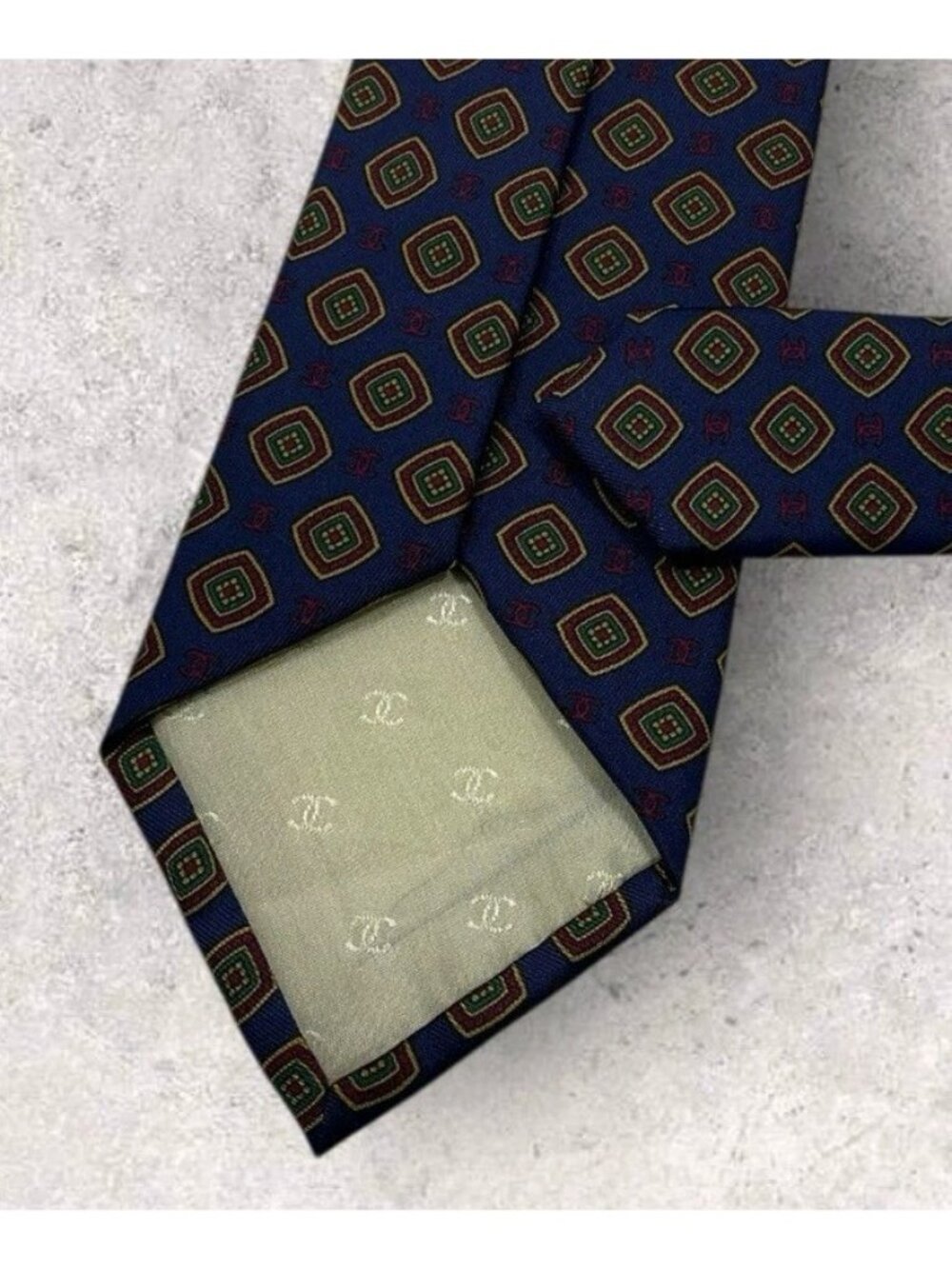 CHANEL VINTAGE Silk Tie ITALY Blue Burgundy Geometric Monogram Logo W:3.2" EUC - Picture 5 of 6